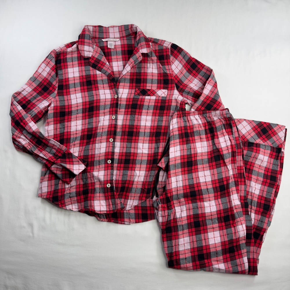 Victoria's Secret Pajama Set Woman's Small Red Plaid Long Sleeve Top Pants Sleep